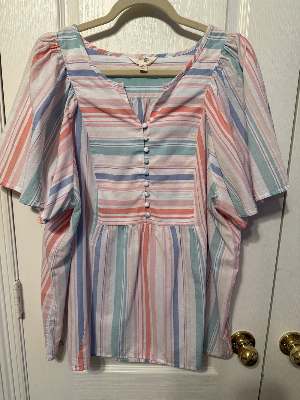 Terra & Sky Pastel Striped Button-Front Peasant Top